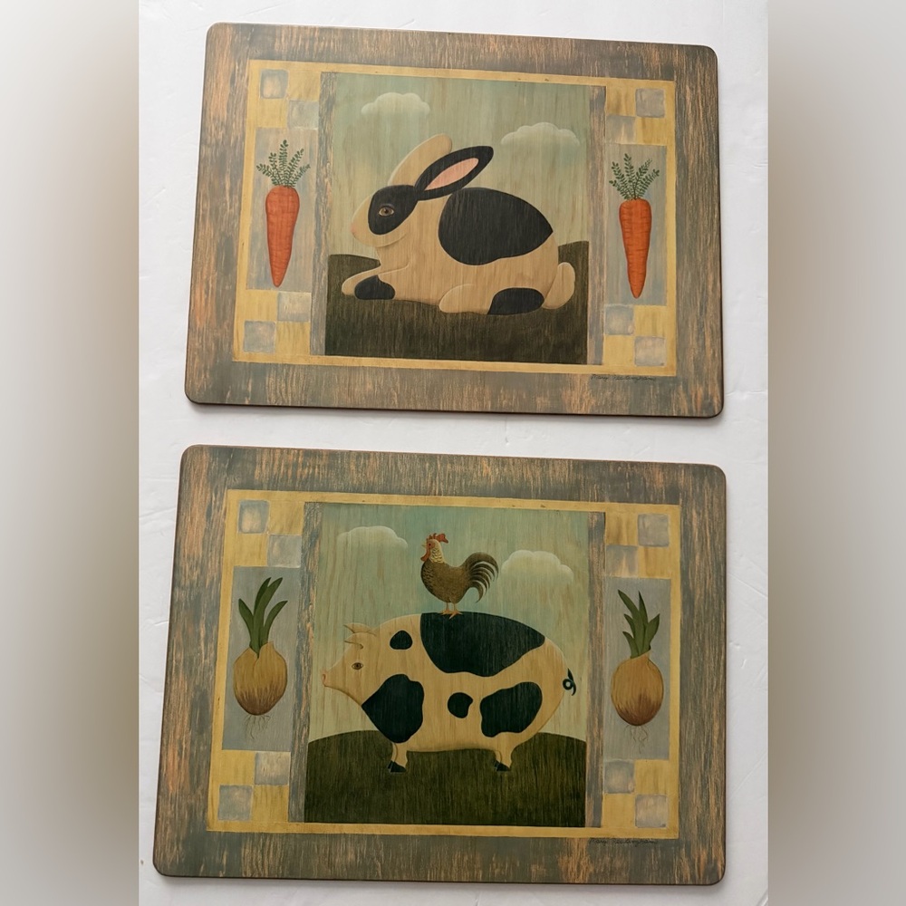 Vintage Pimpernel Placemats: Farm Animals, Decor, Set of 2 Rabbit, Rooster, Pig